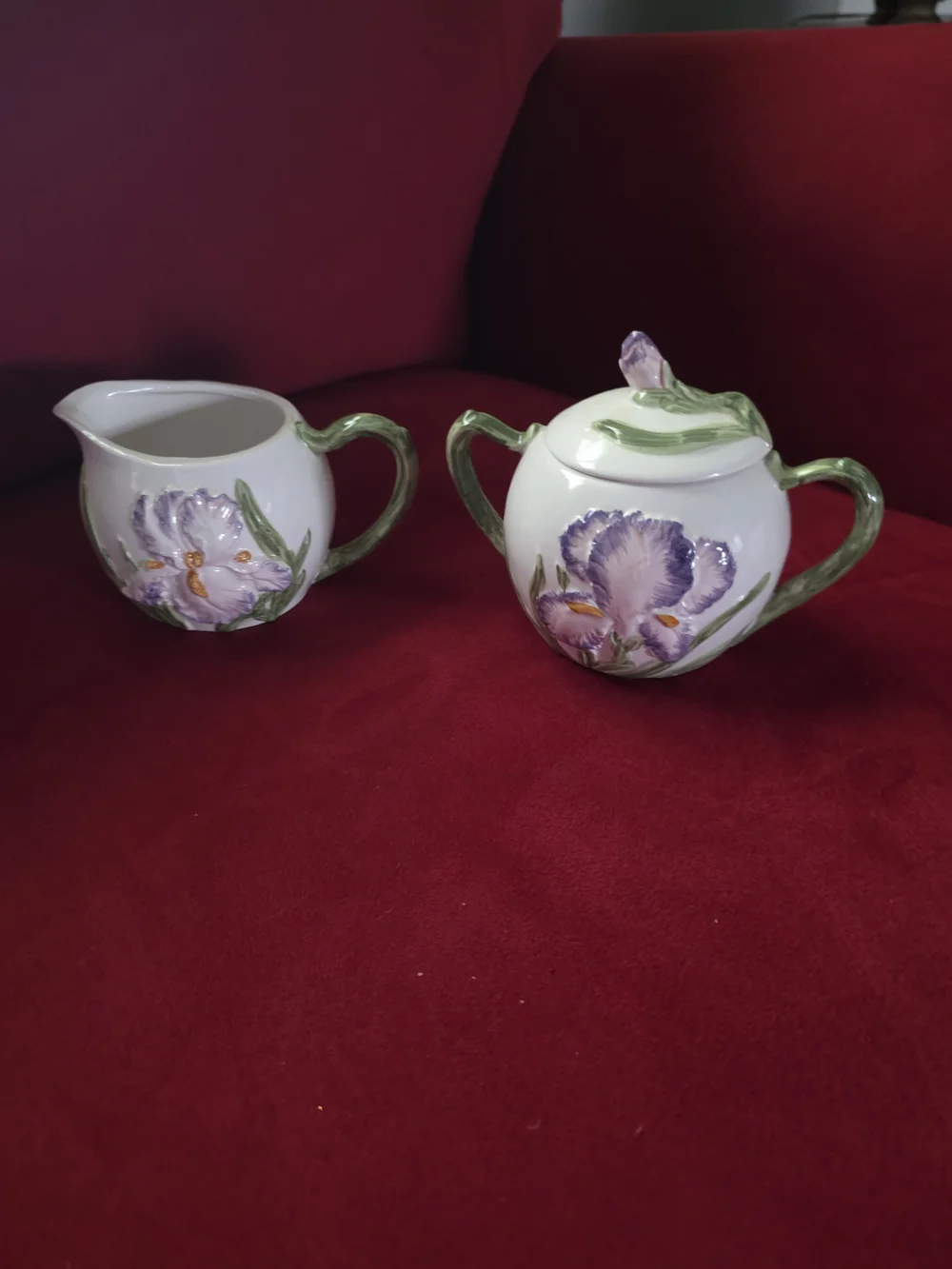 QVC White Ceramic Floral Sugar and Creamer Set with Purple Iris Accents